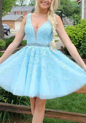 A-Line V-Neck Sleeveless Lace Tulle Homecoming Dress with Appliqued Beading - Babyonlines