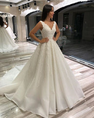 A-Line V-Neck Sleeveless Long Wedding Dress with Lace