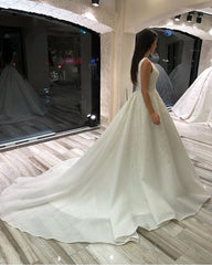 A-Line V-Neck Sleeveless Long Wedding Dress with Lace