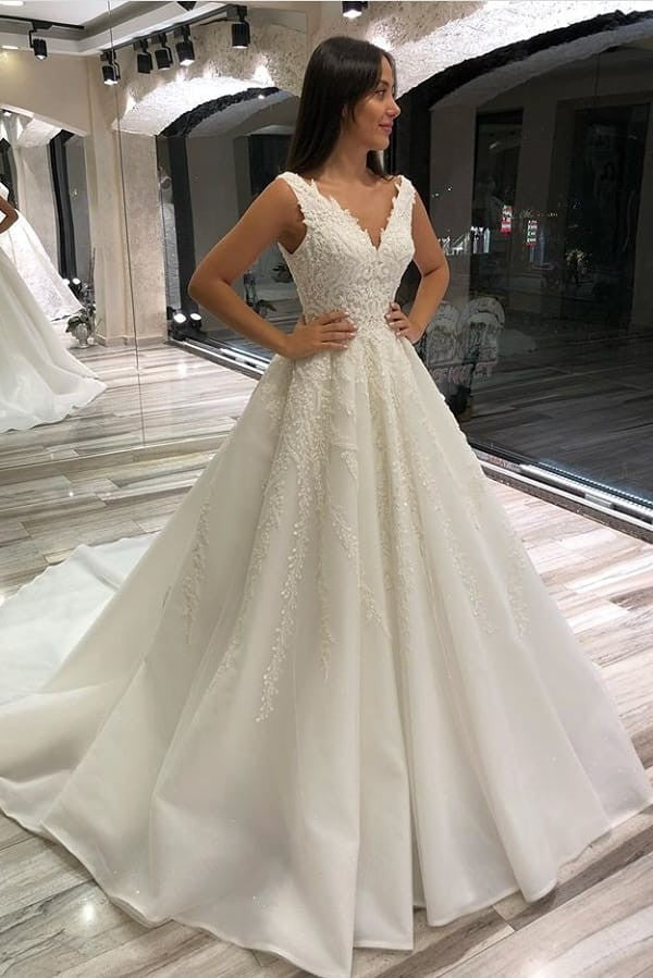 A-Line V-Neck Sleeveless Long Wedding Dress with Lace