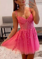 Look Elegant in A-line V Neck Sleeveless Short/Mini Tulle Homecoming Dress with Appliqued Beading - Babyonlines