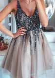 A-Line V Neck Sleeveless Tulle Short/Mini Homecoming Dress with Sequins Beading - Babyonlines