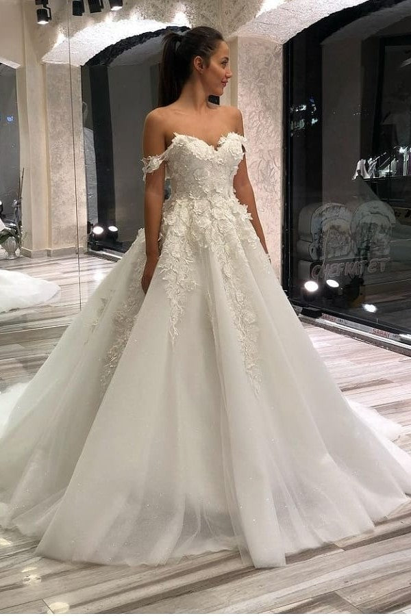 A-Line Wedding Dress Sweetheart Off-the-Shoulder With Lace Appliques Tulle