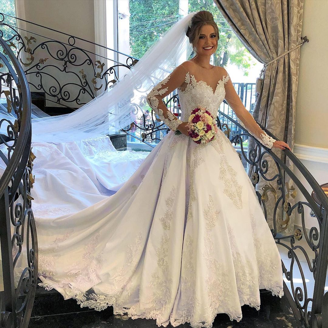 A-line Wedding Dress With Long Sleeves Satin Sweetheart Neckline