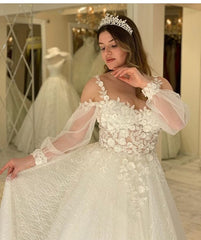 A-line Wedding Dress With Spaghetti-Straps Long Sleeves Lace