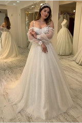 A-line Wedding Dress With Spaghetti-Straps Long Sleeves Lace