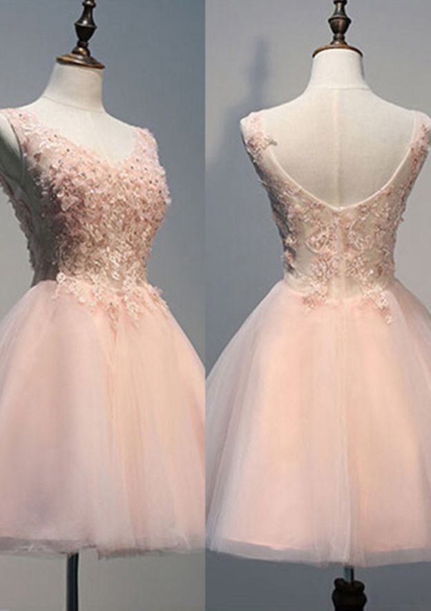 A-Line/Princess V-Neck Sleeveless Short/Mini Tulle Prom Dress with Appliqued Beading - Babyonlines