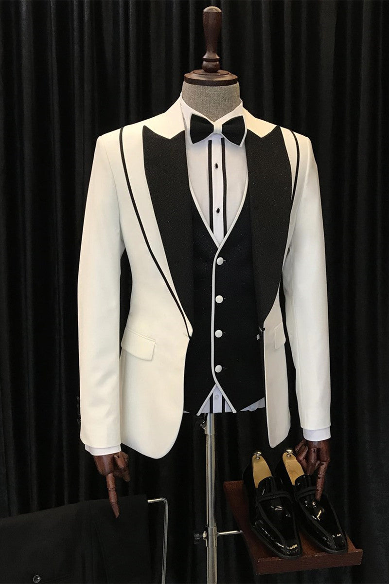 Abel Fashionable White and Black Peaked Lapel Three-Piece Wedding Suit