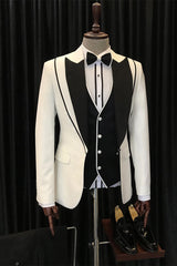 Abel Fashionable White and Black Peaked Lapel Three-Piece Wedding Suit