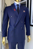 Adrian Formal Navy Blue Peaked Lapel Two Pieces Striped Business Suits