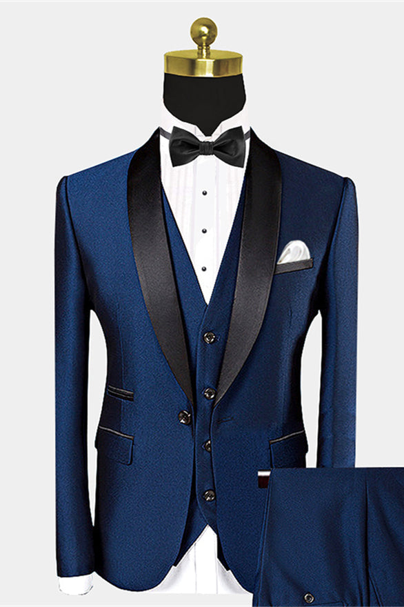 Advanced Dark Navy Blue Shawl Lapel Wedding Suit with Black Bow Tie