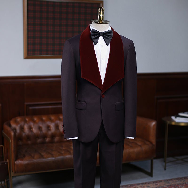 Alexander Burgundy Two-Piece Wedding Suit with Velvet Lapel