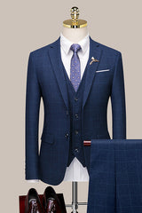 Alexander Navy Blue Plaid Close Fitting Fashion Formal Business Suit