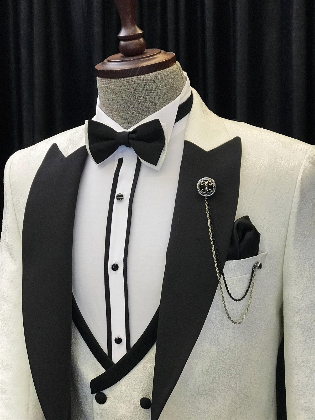 Alvin White Jacquard Three-Piece Wedding Suit with Black Peaked Lapel