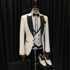 Alvin White Jacquard Three-Piece Wedding Suit with Black Peaked Lapel