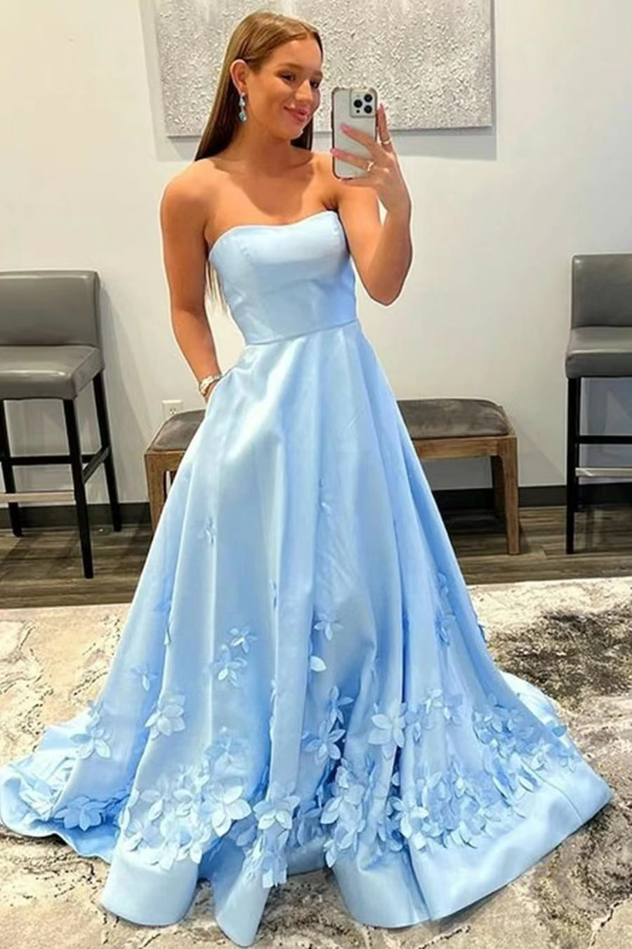 Baby Blue Strapless Sleeveless Appliques Evening Dress Online