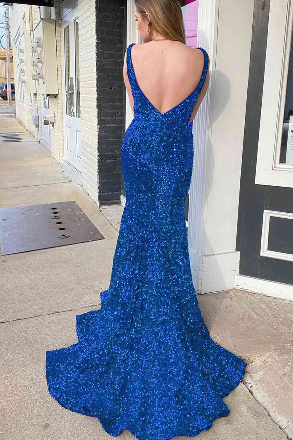 Backless Mermaid Light Blue Plunging Neck Long Prom Dress