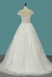 Bateau A-Line Wedding Dress Floor-length With Ruffles Tulle Appliques Lace