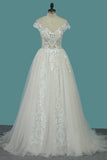 Bateau A-Line Wedding Dress Floor-length With Ruffles Tulle Appliques Lace