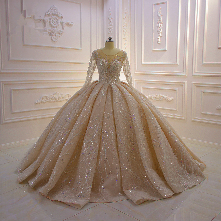 Bateau Long Sleeve Floor-Length Ball Gown Wedding Dress with Ruffles