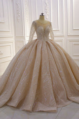 Bateau Long Sleeve Floor-Length Ball Gown Wedding Dress with Ruffles