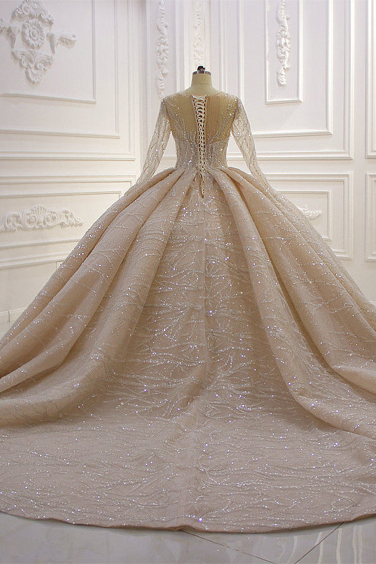 Bateau Long Sleeve Floor-Length Ball Gown Wedding Dress with Ruffles