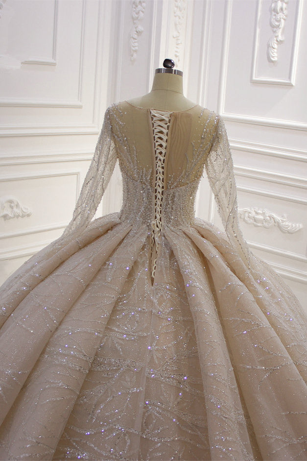 Bateau Long Sleeve Floor-Length Ball Gown Wedding Dress with Ruffles