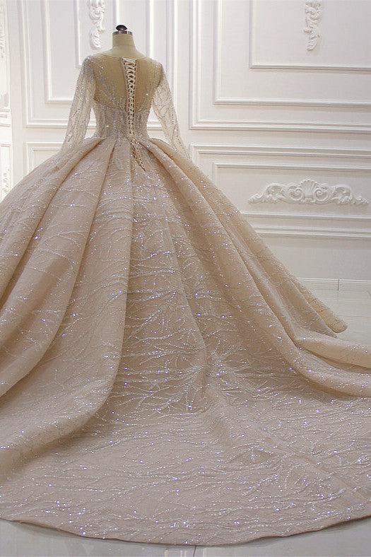 Bateau Long Sleeve Floor-Length Ball Gown Wedding Dress with Ruffles