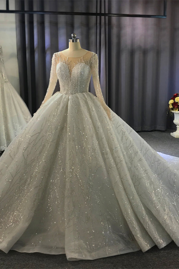 Bateau Long Sleeve Floor-Length Ball Gown Wedding Dress with Ruffles