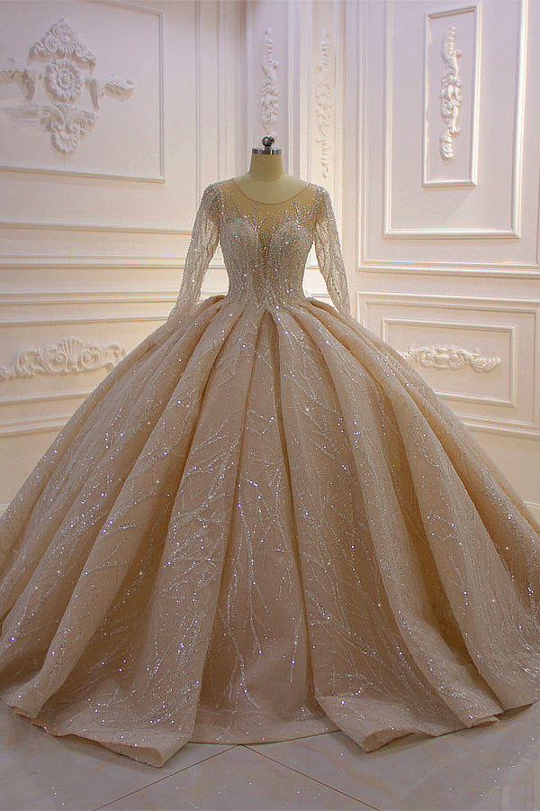 Bateau Long Sleeve Floor-Length Ball Gown Wedding Dress with Ruffles