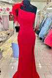 Beaded One-Shoulder Hot Pink Long Formal Dress with Feathers