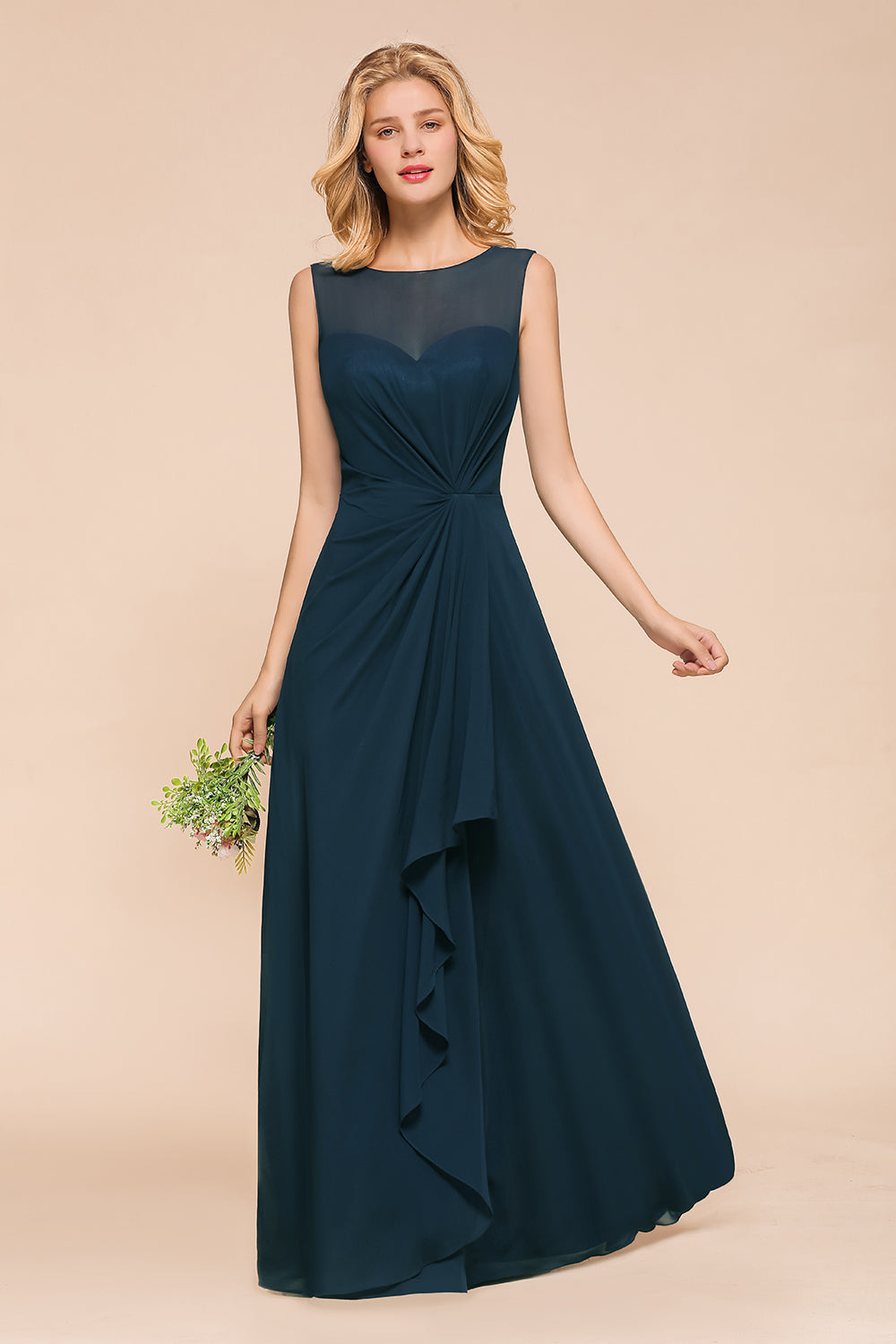 Beautiful Chiffon Jewel Ruffle Navy Affordable Bridesmaid Dresses Online-Babyonlines