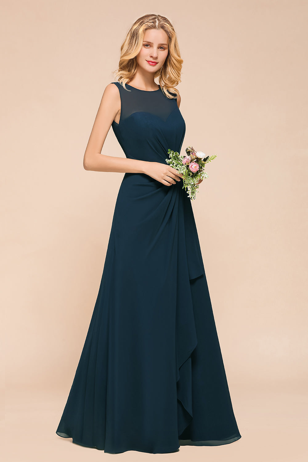 Beautiful Chiffon Jewel Ruffle Navy Affordable Bridesmaid Dresses Online-Babyonlines