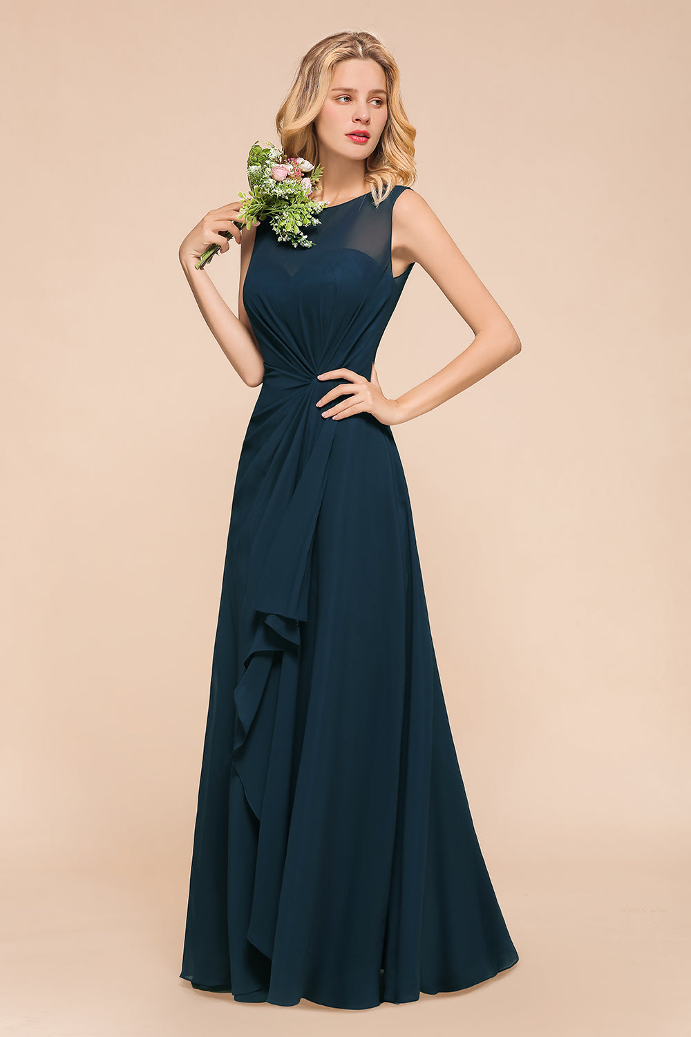 Beautiful Chiffon Jewel Ruffle Navy Affordable Bridesmaid Dresses Online-Babyonlines