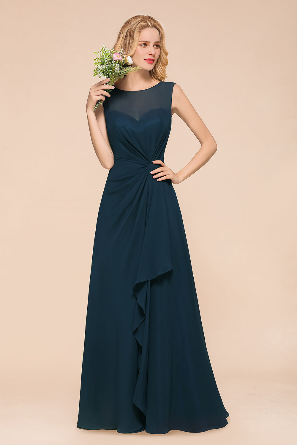 Beautiful Chiffon Jewel Ruffle Navy Affordable Bridesmaid Dresses Online-Babyonlines