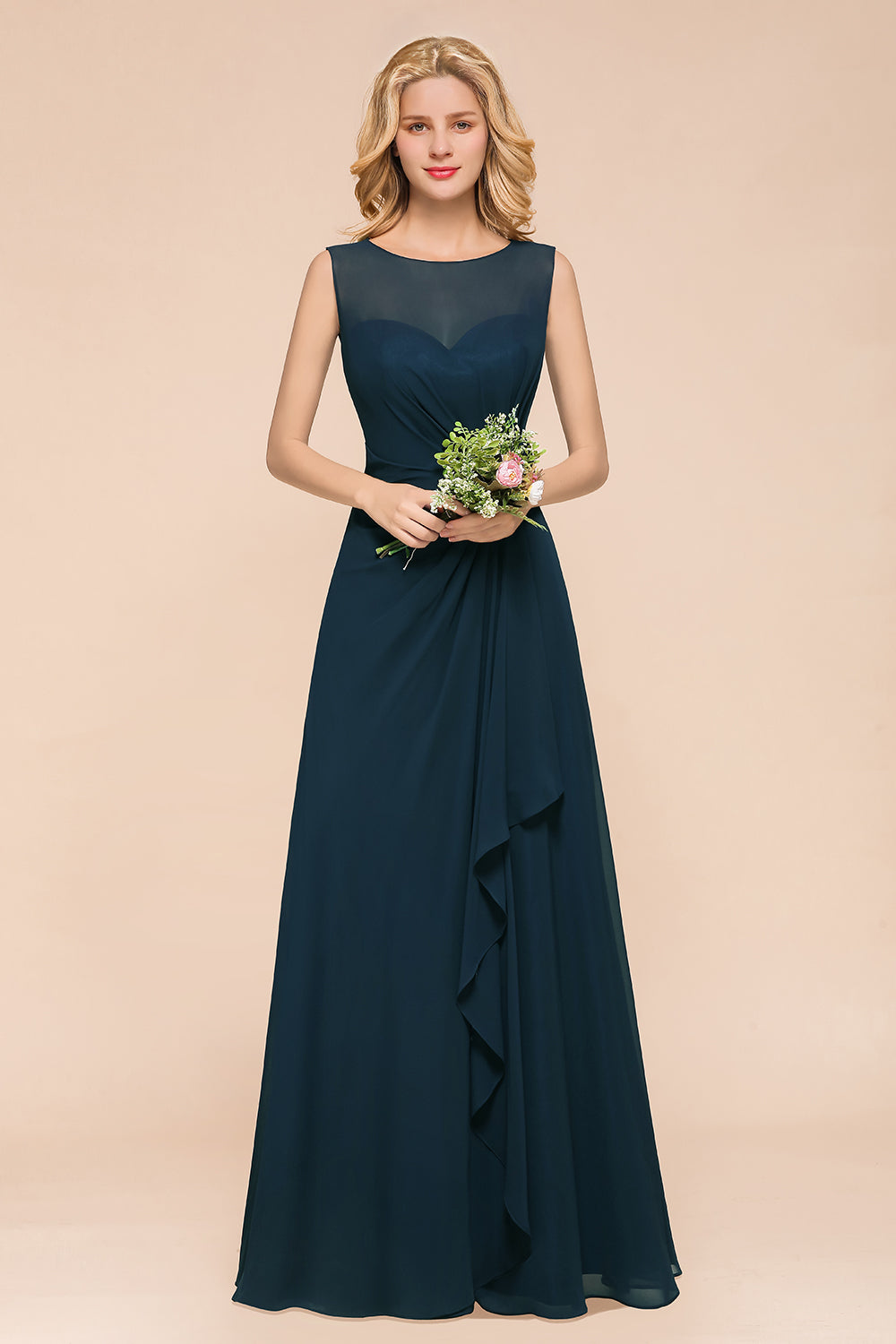 Beautiful Chiffon Jewel Ruffle Navy Affordable Bridesmaid Dresses Online-Babyonlines