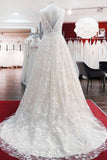 Beautiful Long Wedding Dress With A-Line Appliques Tulle Lace Open Back Design