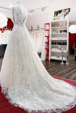 Beautiful Long Wedding Dress With A-Line Appliques Tulle Lace Open Back Design