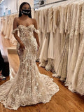 Beautiful Trumpet/Mermaid Off-the-shoulder Tulle Sweep Train Wedding Dress With Bow