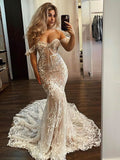 Beautiful Trumpet/Mermaid Off-the-shoulder Tulle Sweep Train Wedding Dress With Bow