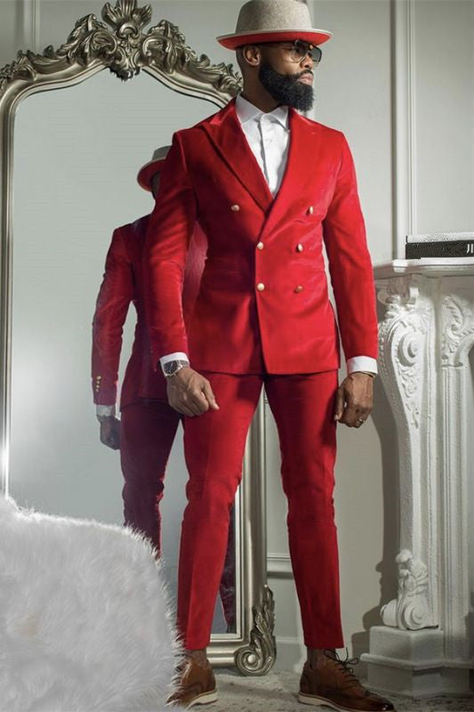 Bespoke Red Velvet Double Breasted Prince Suit for Groom with Peaked Lapel