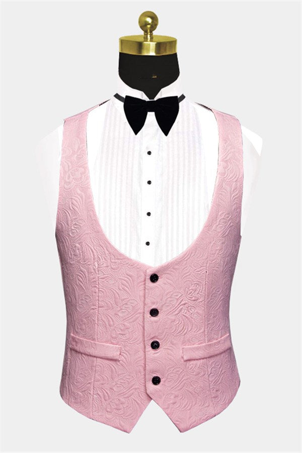 Black Lapel Wedding Suit - 3 Piece with Pink Jacquard for Men