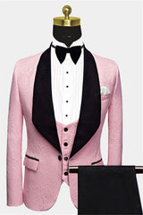 Black Lapel Wedding Suit - 3 Piece with Pink Jacquard for Men