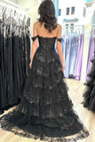 Black Off the Shoulder Lace Applique High Slit Tiered Prom Dress