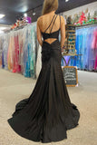 Black One Shoulder Beaded Mermaid Prom Dress with Slit