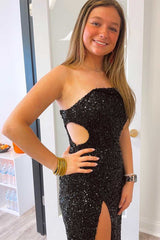 Black One Shoulder Cap Sleeve Sequined Long Party Dress