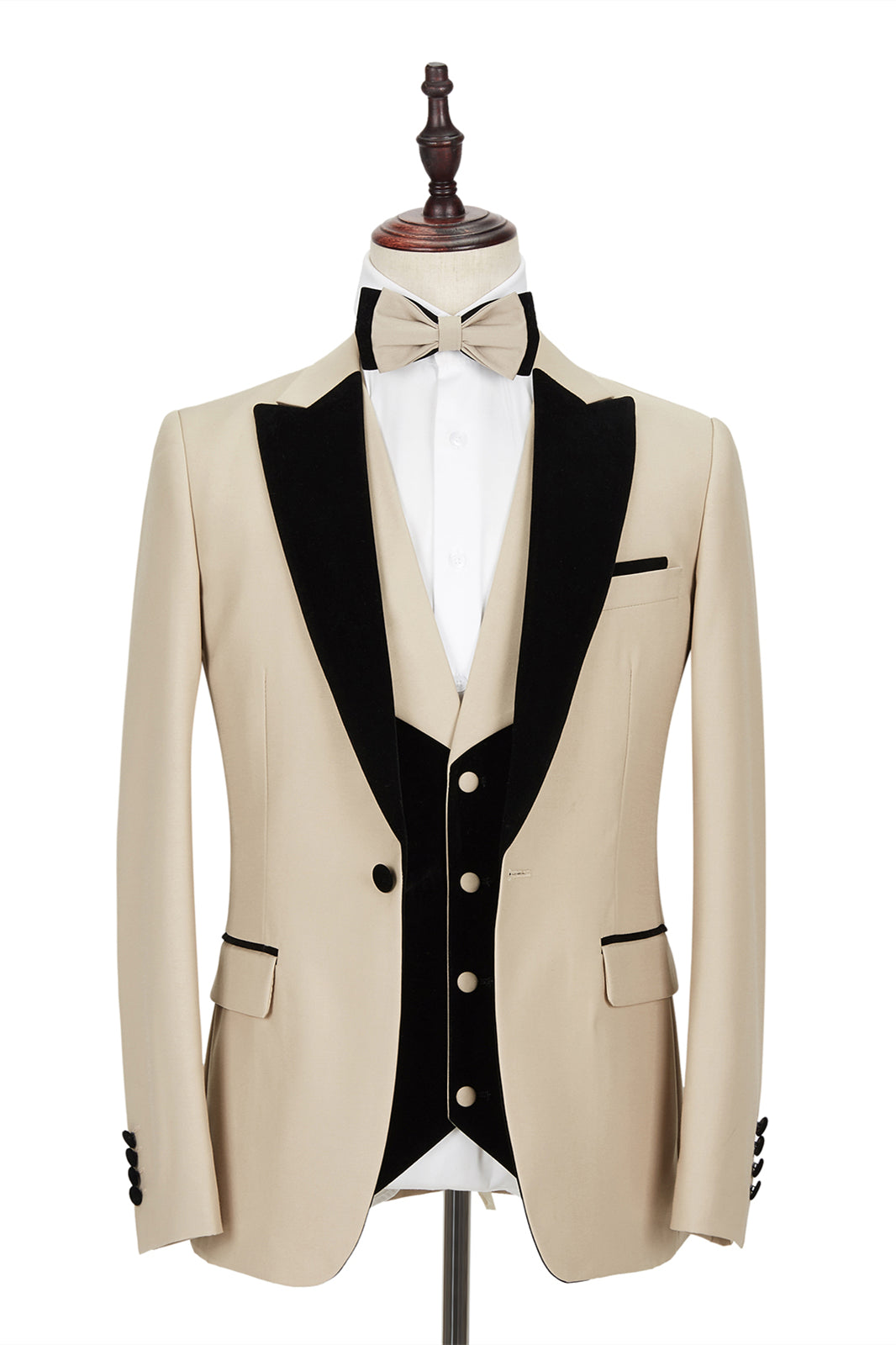 Black Peak Lapel Champagne Wedding Suit with Velvet Edging