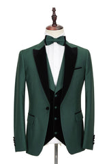 Black Peak Lapel Dark Green Wedding Suit with Velvet Edging