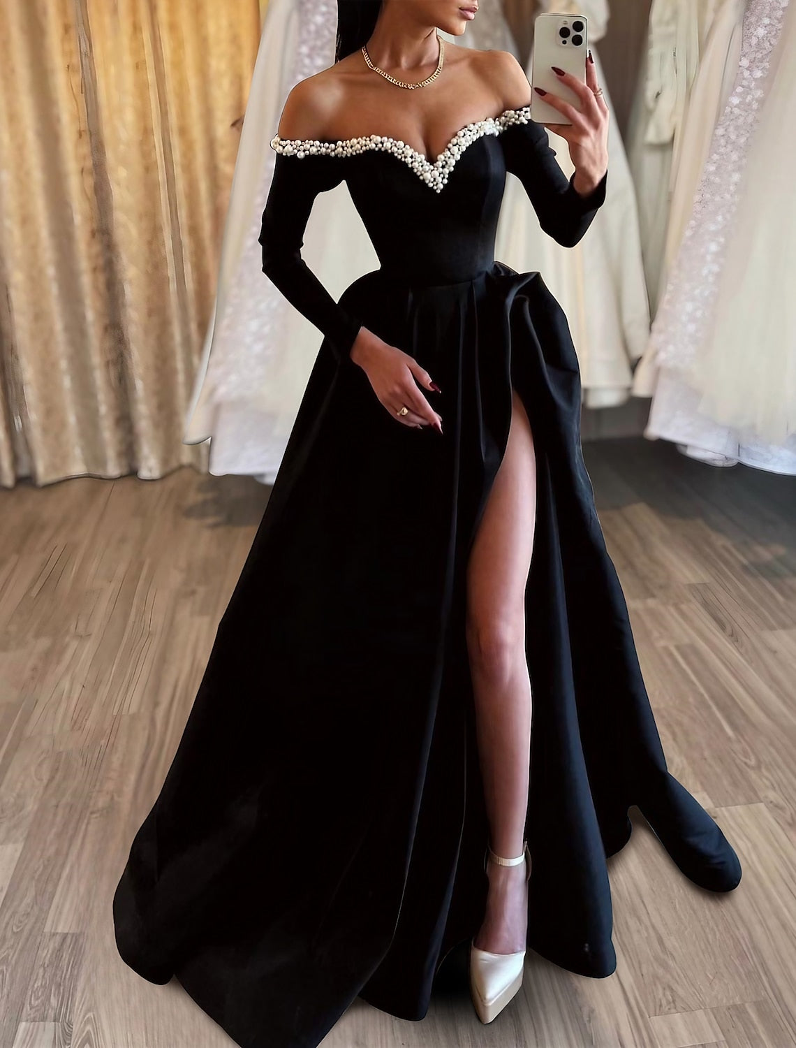 Black Prom Dress Long A Line Pleated High Slit