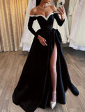 Black Prom Dress Long A Line Pleated High Slit